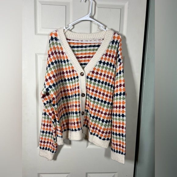 Boho Multicolor Geometric Cardigan Button-Front Cozy Knit Free People–Inspired 2 - Picture 3 of 9